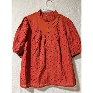Women‎ Eyelet Top In Rust Color Large Short Sleeve. Boho, Victorian, Western